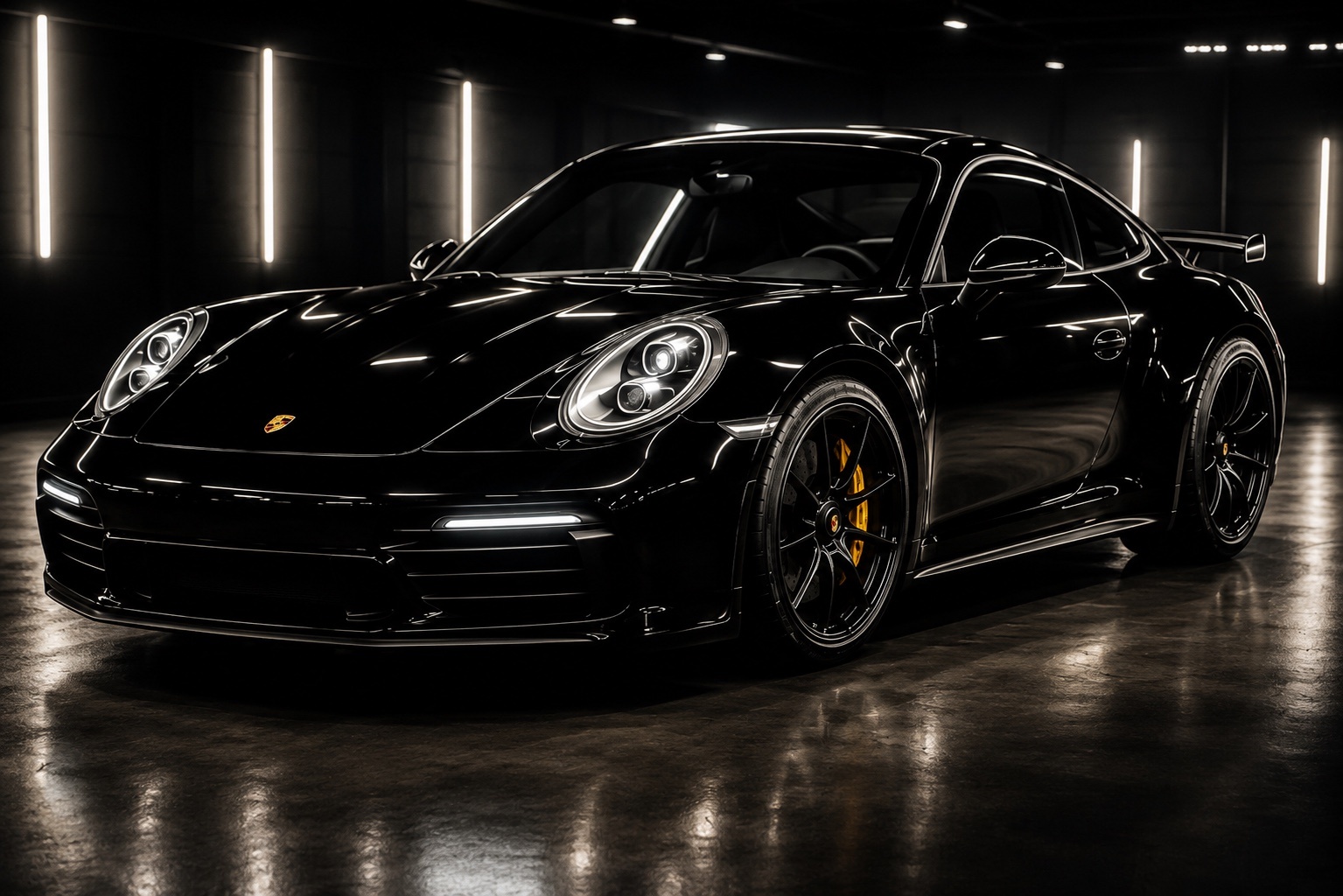 Black Porsche 911 in a premium detailing studio